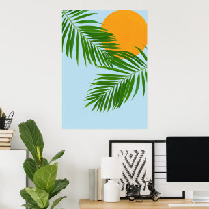 Affiche Retro Tropical Sun Palm Feuille Bleu Minimal