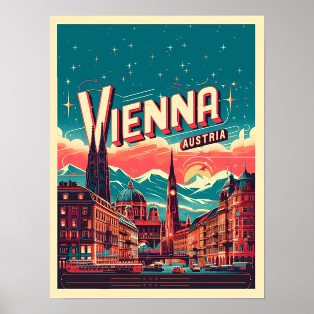 Affiche Retro Vienna City Autriche cadeaux skyline (Devant)