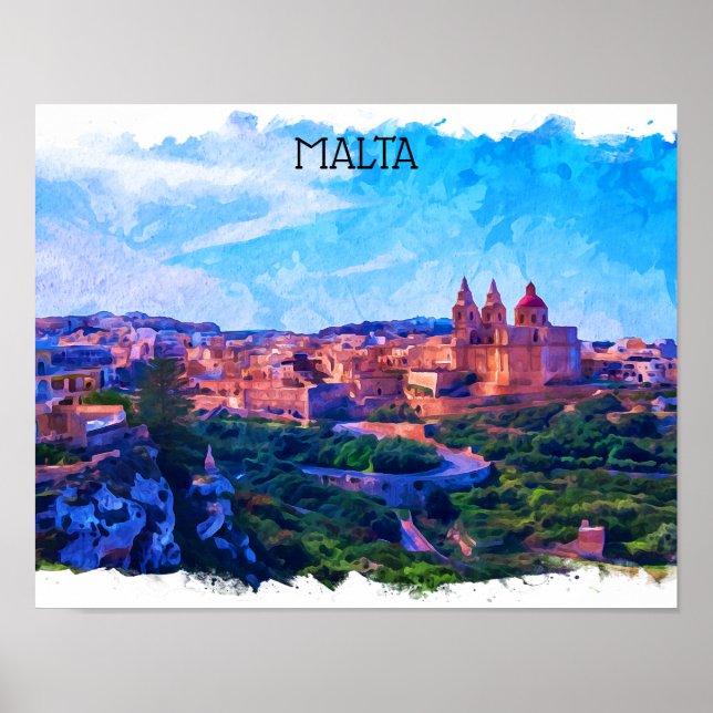 Affiche Retro Vintage Malte panorama Aquarelle vue (Devant)