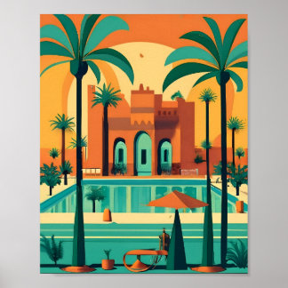 Affiche Retro Vintage Marrakech Maroc Flat Vector Art