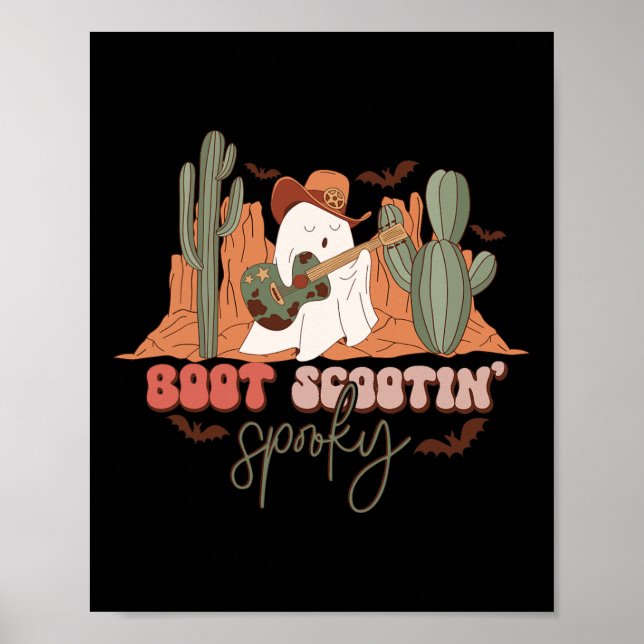 Affiche Retro Western Halloween Cute Ghost Fun Boot Scooti (Devant)