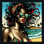 Affiche Retro Woman on Beach Comédie Style Pop Art<br><div class="desc">Une jolie femme afro-américaine rétro en bikini assise sur la plage avec des lunettes de soleil aux couleurs vintages dans un style comique pop art.</div>