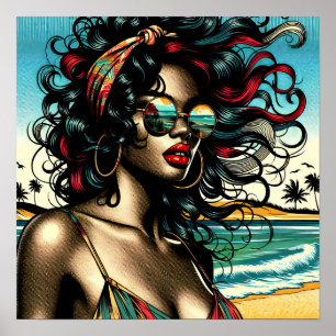 Affiche Retro Woman on Beach Comédie Style Pop Art