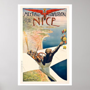 Affiche Réunion d'Aviation de Nice France 1910 Voyage Vint