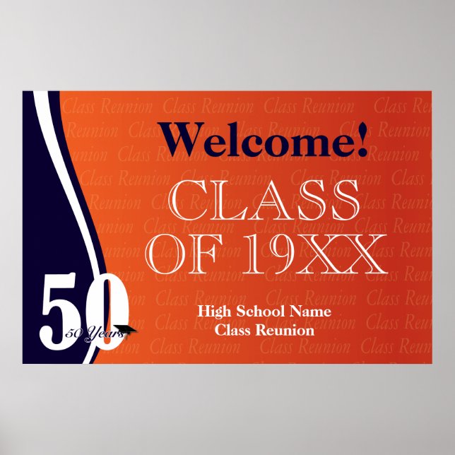 Affiche Réunion de classe de 50 ans en orange et bleu (Devant)