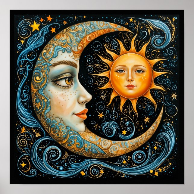 Affiche Rêve céleste fantaisiste : Lune et Soleil. Art (Devant)