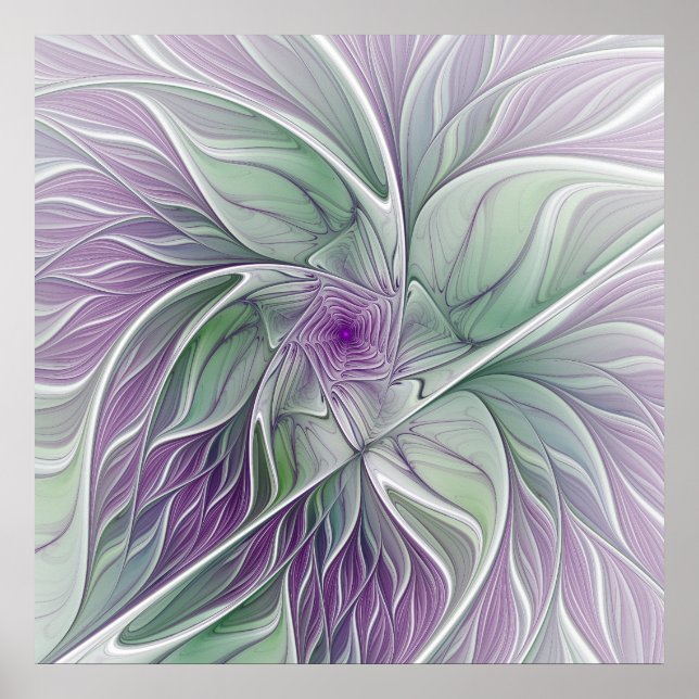 Affiche Rêve de fleurs, Abstrait violet vert Fractal Art (Devant)