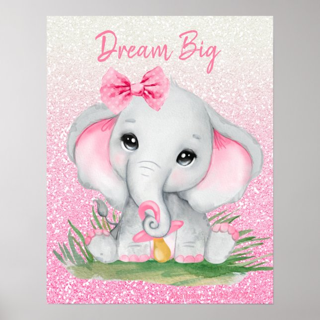 Affiche Rêve Mignon Grand Éléphant Fille Paillettes Roses  (Devant)