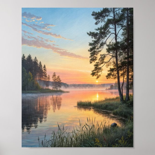 Affiche Réveil doré : Un lever de soleil embrumé au matin  (Devant)