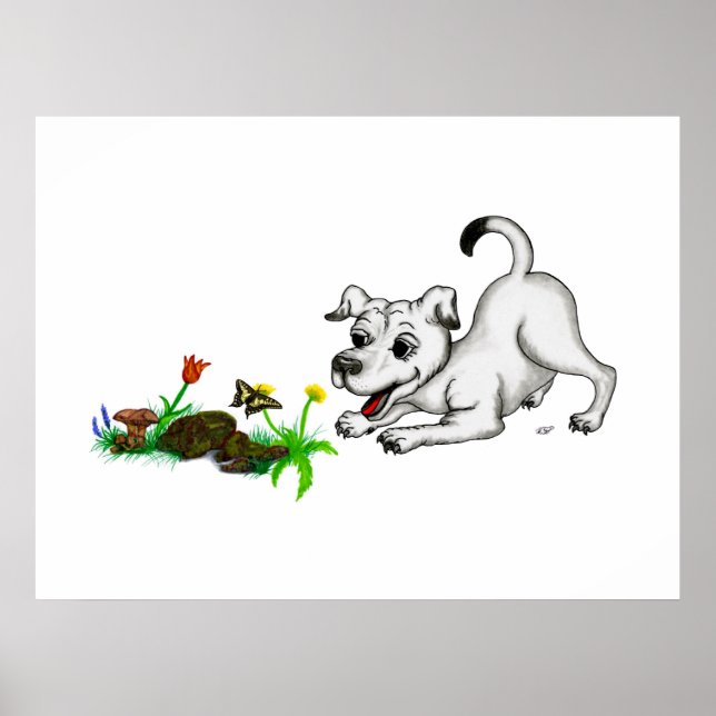 Affiche Réveil du printemps, chiot aux fleurs et papillon (Devant)
