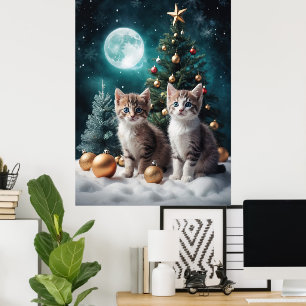 Affiche Réveillon de Noël magique avec chatons par arbre