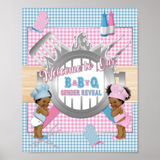 Affiche Révélation de genre Rose Bleu Gingham Bébé Q BBQ A (Devant)