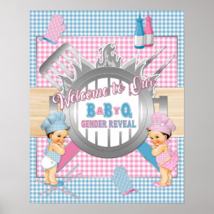Affiche Révélation du sexe Rose Bleu Gingham Bébé Q BBQ Af