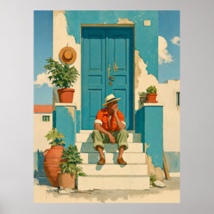 Affiche Rêverie de la porte bleue méditerranéenne