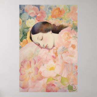 Affiche Rêverie en fleurs – Femme endormie à l'aquarelle