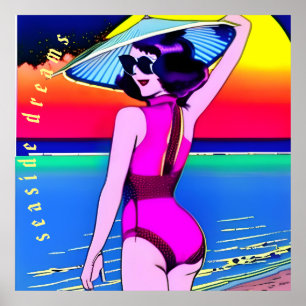 Affiche Rêves balnéaires. Fille avec casquette chinois. Mo