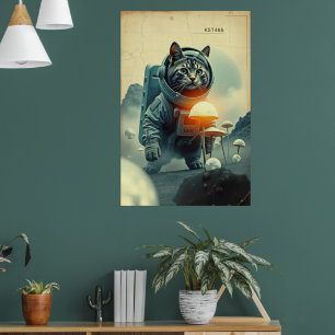 Affiche Rêves de Chat Spatial sur Lune Champignon