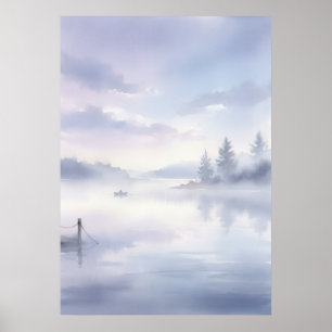 Affiche Rêveuse Brume de Lavande Lac Pins Quai de Bateau