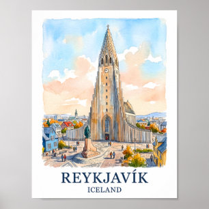Affiche Reykjavik Islande Église Aquarelle Toit Voyage