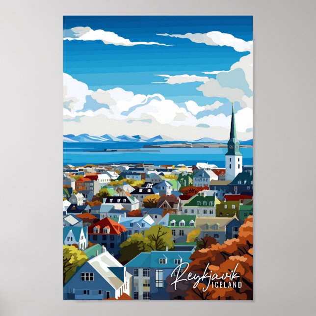 Affiche Reykjavik Islande illustration de voyage vintage (Devant)