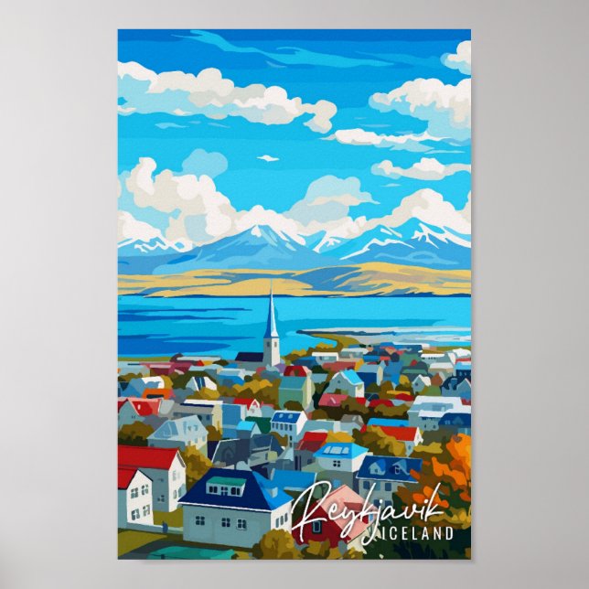 Affiche Reykjavik Islande illustration de voyage vintage (Devant)