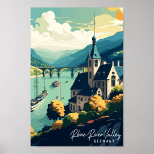 Affiche Rhin River Valley Allemagne lieu de voyage vintage
