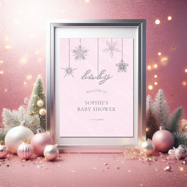 Affiche Rhinestones Snowflakes Baby shower rose Bienvenue (baby cold outside pink christmas girl baby shower welcome poster sign snowflakes rhinestones glitter)