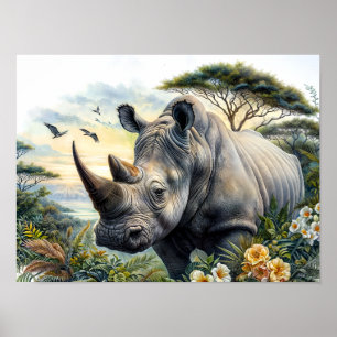 Affiche Rhinoceros Botanique Floral Aquarelle Art