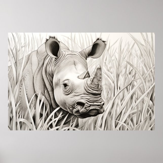 Affiche Rhinoceros Nature paisible Esquisse de prairie Des (Devant)