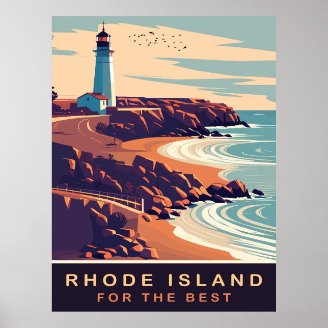 Affiche Rhode Island, Phare sur la côte, Voyage (Devant)