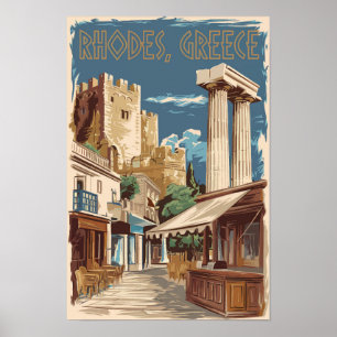 Affiche Rhodes Grèce Ruines Voyages Art Vintage