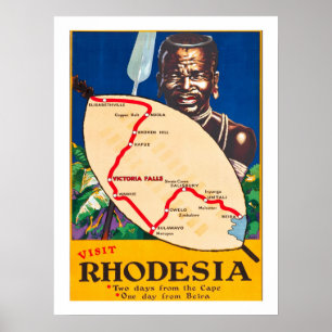 Affiche Rhodésie, guerrier traditionnel avec carte sur bou