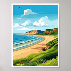 Affiche Rhossili Bay Swansea Travel illustration Vintage