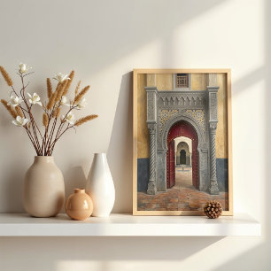 Affiche Riad Marocain Peinture à l'Huile Porte Rouge Cramo