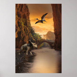 Affiche ricératops, Velociraptor et Pterodactyle