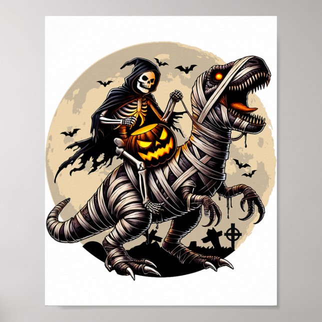 Affiche Riding Mummy Dinosaur T Rex Citrouille Funny Hallo (Devant)