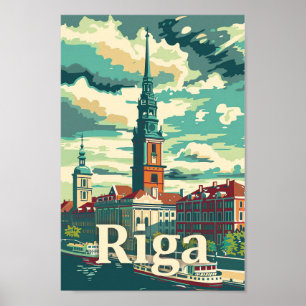 Affiche Riga Lettonie Vintage Retro Illustration Voyage