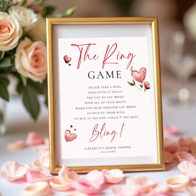 Affiche Ring Game Valentine Bridal Shower Game Watercolor (valentine bridal shower game ring brunch bubbly watercolor hearts showered with love)