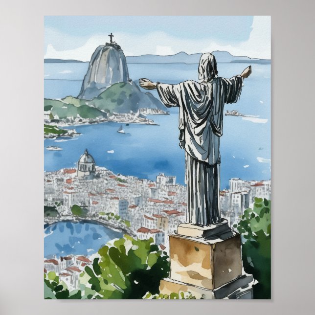 Affiche Rio de Janeiro Brésil Aquarelle Art Imprimer (Devant)