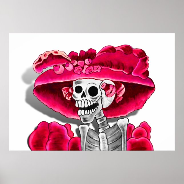 Affiche Rire Skeleton Woman dans Red Bonnet (Devant)