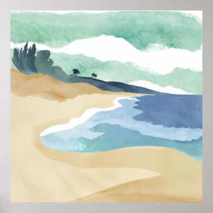 Affiche Rivage de la plage   Aquarelle bleue