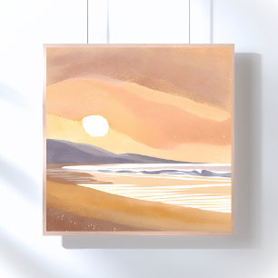 Affiche Rivage du coucher de soleil jaune Peinture aquar
