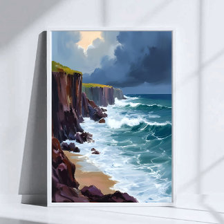 Affiche Rivage orageux | Peinture de vagues océaniques de