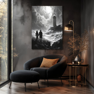 Affiche Rivage orageux romantique avec phare - Charbon