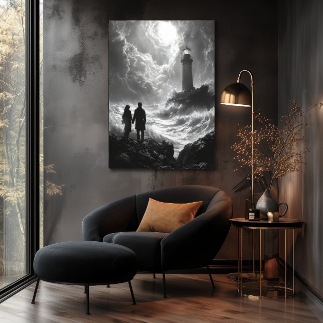 Affiche Rivage orageux romantique avec phare - Charbon (Créateur téléchargé)