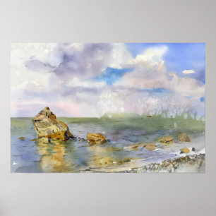 Affiche Rivage rocheux et nuages d'été aquarelle