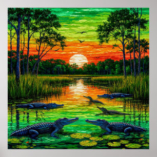 Affiche Rive bordée d'alligators au coucher du soleil