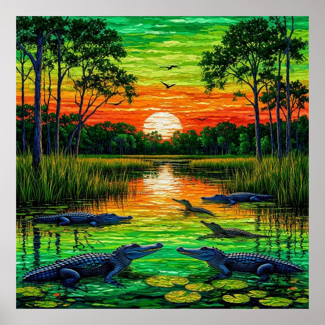 Affiche Rive bordée d'alligators au coucher du soleil (Devant)