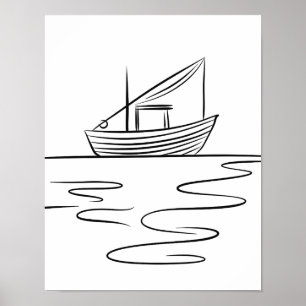 Affiche River Fishing Boat Line Art