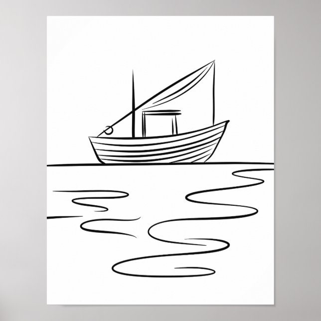 Affiche River Fishing Boat Line Art (Devant)